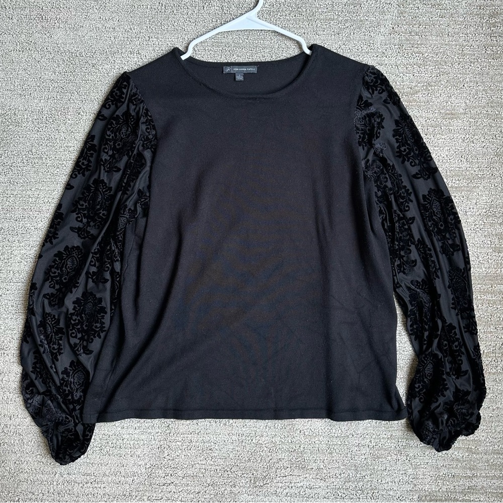 Adrianna Papell Black Sweater Burnout/Velvet Sleeves - Large